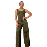 Plus Size Women Top and Ripped Wide Leg Pants Set of Two
