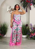 Women summer printed sexy suspenders Top and straight pants two-piece set