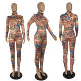 Women Printed Long Sleeve Irregular Oil Painting Printed Top and Pant Two-piece Set