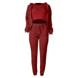 Women Letter Printed Plush Hoodies and Pant Casual Three-Piece