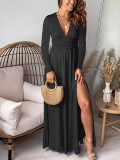 Deep V-Neck Long-Sleeved Pleated High Waist Slit Club Party Evening Dress Solid Color Dress