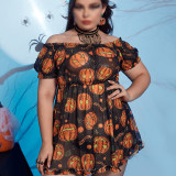 Plus Size Sexy Lingerie Sexy Pumpkin Print Mesh Nightgown Halloween Sexy Set