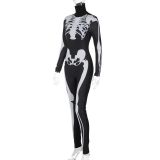 Women's Autumn Halloween Long Sleeve Tight Fitting Jumpsuit Skeleton 3D Printed Romper