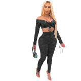 Sexy Women's Fashion Ruched Off Shoulder Solid Sexy Casual Two Piece Pants Set