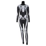 Women's Autumn Halloween Long Sleeve Tight Fitting Jumpsuit Skeleton 3D Printed Romper