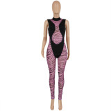 Women's Fashion Sexy Tight Fitting Striped Mesh Patchwork Sleeveless Jumpsuit