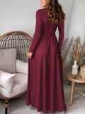 Deep V-Neck Long-Sleeved Pleated High Waist Slit Club Party Evening Dress Solid Color Dress