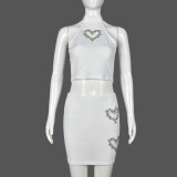 Heart Rhinestone Hollow Crop Vest Mini Skirt Fashion Casual Women Two Piece Set