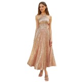 Women Sexy Backless Pleated Halter Neck Backless Sequined Evening Gown