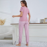 Women Lounge Wear Short Sleeve Letter Printed T-Shirt and Striped Trousers Pajama Set