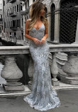 Women Sequined Mesh Backless Evening Gown