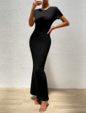 Women Elegant Solid Round Neck Short Sleeve Dress