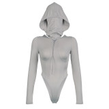 Women Long Sleeve Irregular Hollow Backless Drawstring Hooded Bodysuit