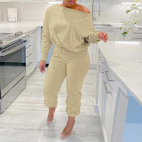 Women Solid Casual Slash Shoulder Top and Pant Two-piece Set