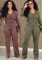 Women Casual knitting Button Long Sleeve Top and Pant Two Piece Set