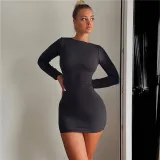 Women Sexy Long Sleeve Backless Solid Bodycon Dress