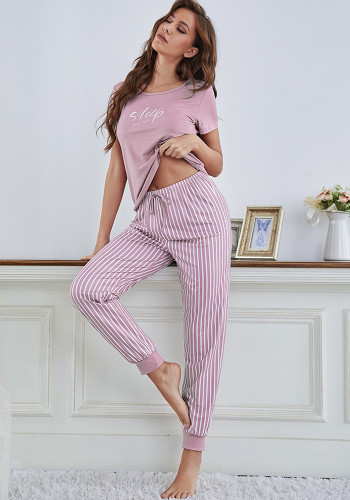 Women Lounge Wear Short Sleeve Letter Printed T-Shirt and Striped Trousers Pajama Set