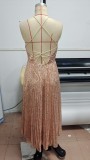 Women Sexy Backless Pleated Halter Neck Backless Sequined Evening Gown