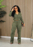 Women Casual knitting Button Long Sleeve Top and Pant Two Piece Set