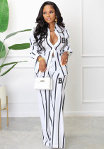 Women's  Printed Striped Long-Sleeved Shirt Loose Straight Pants Set Two-Piece Set