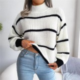 Autumn And Winter Casual Striped Lantern Sleeve Half Turtleneck Knitting Pullover Sweater For Women