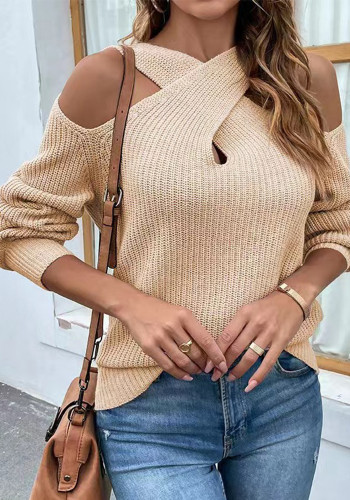Autumn And Winter Solid Color Cross Halter Neck Lantern Sleeve Knitting Sweater For Women