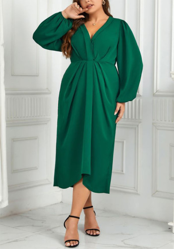 Green Casual V-Neck Slim Fit Plus Size Dress