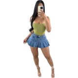 Spring And Summer Washed Women's  Denim Pressed Pleated Pockets Mini Skirt