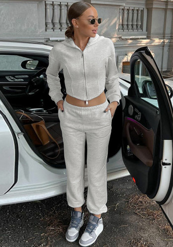 Women's  Autumn Fashion Casual Zipper Hooded Top Slim Pants Two Piece Set