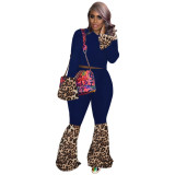 Women's  Clothing Casual Fashion Sports Leopard Long Sleeve Top Bell Bottom Pants Two-Piece Set