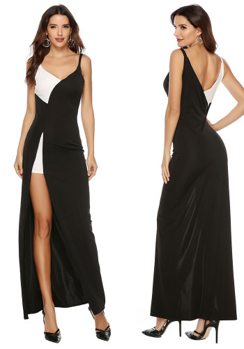 Sexy zwart-witte patchwork-jurk met bandjes en split met V-hals