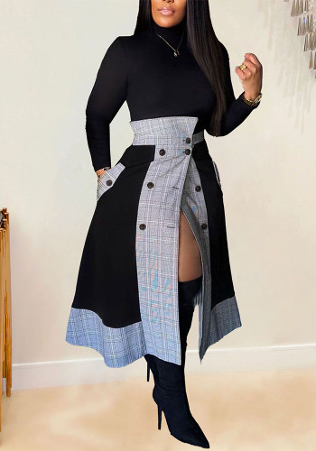 Slim-Fitting Long-Sleeved Turtleneck Plaid Slit Two-Piece Midi Skirt Set