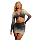 Women's  Fall Casual Printed Long Sleeve Hollowout Knot Slim Short Dress