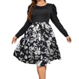 Autumn And Winter Round Neck A-Line Floral Print Casual Chic Career Dress