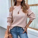 Autumn And Winter Solid Color Cross Halter Neck Lantern Sleeve Knitting Sweater For Women