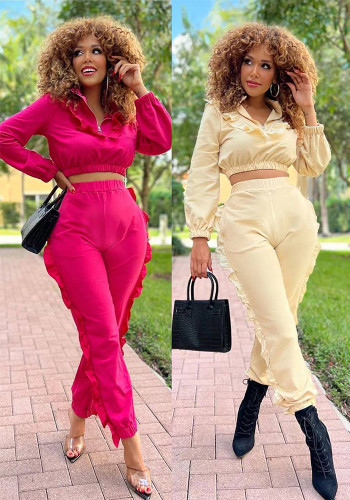 Trendy dames effen kleur rits ruche mode casual sport tweedelige broekset