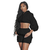 Autumn Women's  Sports Casual Solid Color Hooded Top High Waist Slim Shorts Two Piece Set For Women