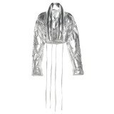 Autumn Women's  Fashionable Metallic Color Stand Collar Loose Short Cotton Padded Jacket