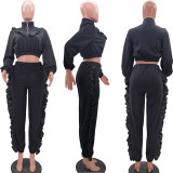 Trendy Women's  Solid Color Zipper Ruffle Fashion Casual Sports Two Piece Pants Set