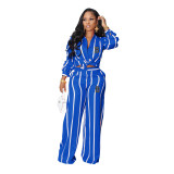 Women's  Printed Striped Long-Sleeved Shirt Loose Straight Pants Set Two-Piece Set