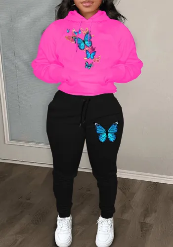 Casual Color Block Cartoon Butterfly Print Hoodies Sweatpants Women Two Piece Set