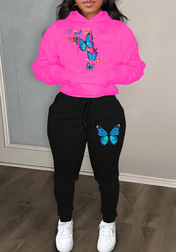 Casual kleurenblok cartoon vlinderprint hoodies joggingbroek dames tweedelige set