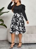 Autumn And Winter Round Neck A-Line Floral Print Casual Chic Career Dress