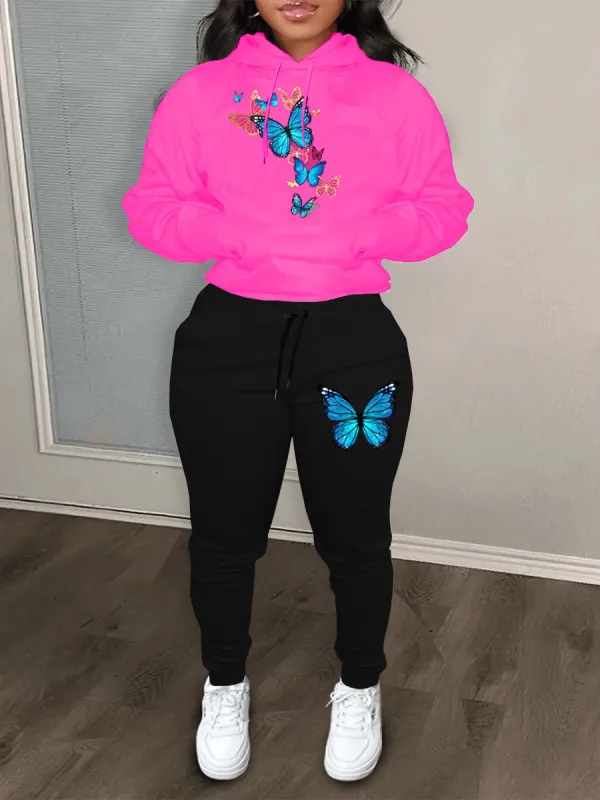 Casual Color Block Cartoon Butterfly Print Hoodies Sweatpants Women Two Piece Set