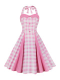 Women's  Summer Slim Waist Sweet Halter Neck Straps Pink Plaid Dress