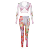 Autumn Women's  Low-Neck Mesh Digital Print Top High-Waisted Trousers Two Piece Set For Women