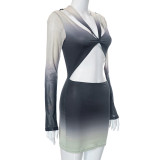Women's  Fall Casual Printed Long Sleeve Hollowout Knot Slim Short Dress