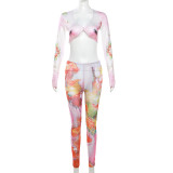 Autumn Women's  Low-Neck Mesh Digital Print Top High-Waisted Trousers Two Piece Set For Women