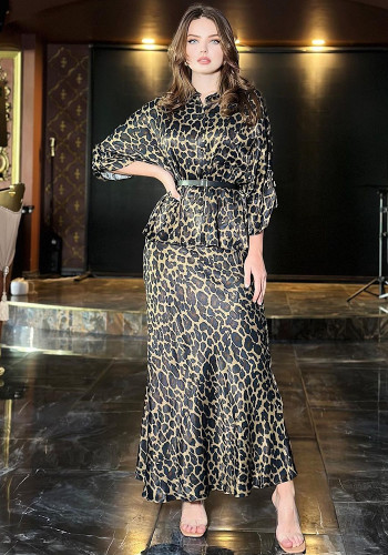 Moslim dames herfstmode luipaardprint shirt met lange mouwen en rok tweedelige set