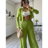 Women's  Autumn And Winter Embossed Style Short Shirt High Waisted Wide Leg Elastic Pants Two-Piece Set
